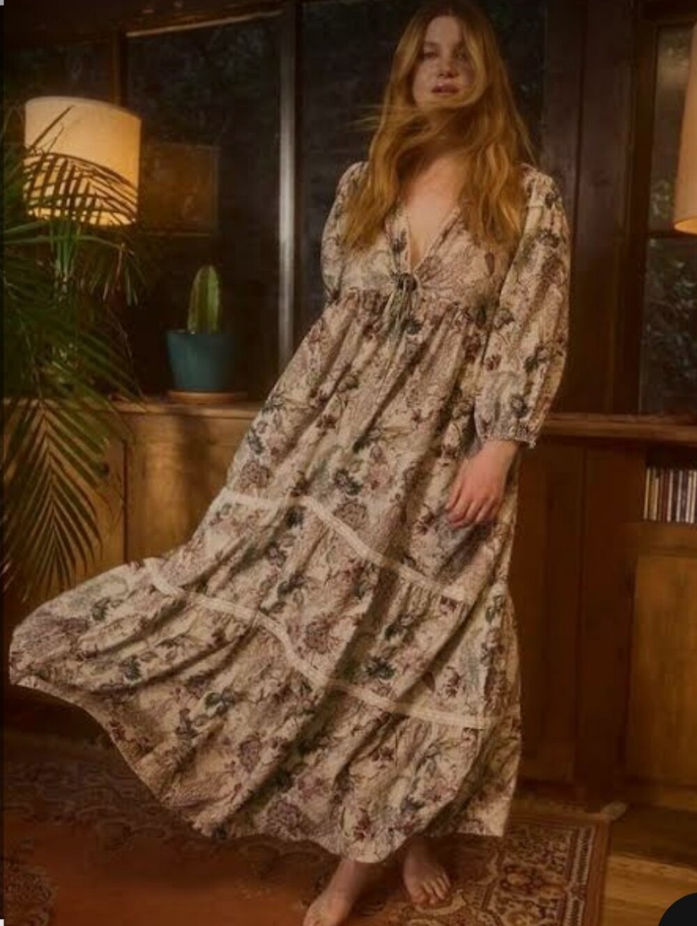 Festi Blouson Sleeve Floral Boho Maxi Festival Dress V Neck Plunge Size 3 / 3X